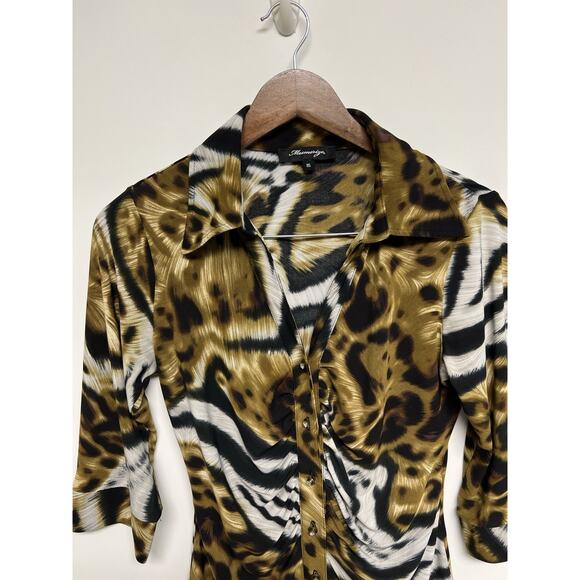VTG 90s Top Womens Leopard Print Animal Cheetah Medium V-neck 70s Style Collar - Picture 9 of 15